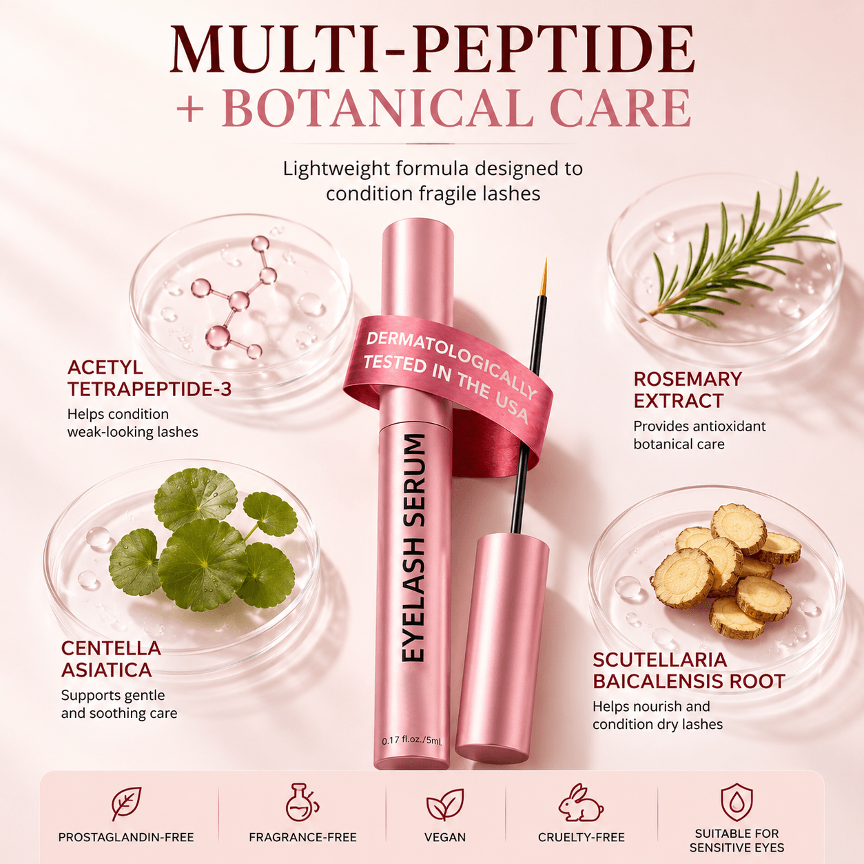 Dyvorocosh® Vegan Lash Growth Serum with Hyaluronic Acid & Multi-Peptide for Sensitive Eyes – Thicker Formula for Longer Fuller-Looking Lashes