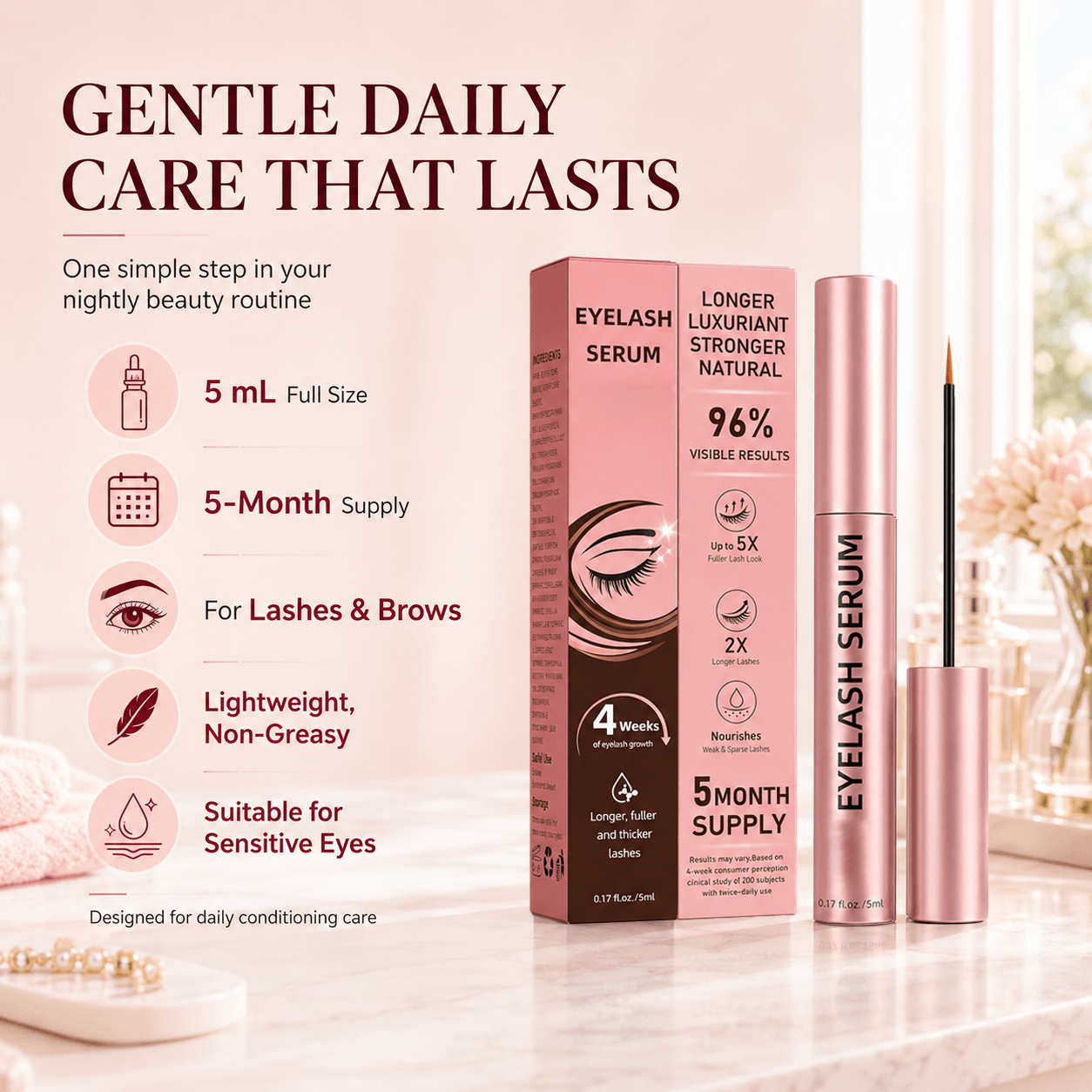 Dyvorocosh® Vegan Lash Growth Serum with Hyaluronic Acid & Multi-Peptide for Sensitive Eyes – Thicker Formula for Longer Fuller-Looking Lashes