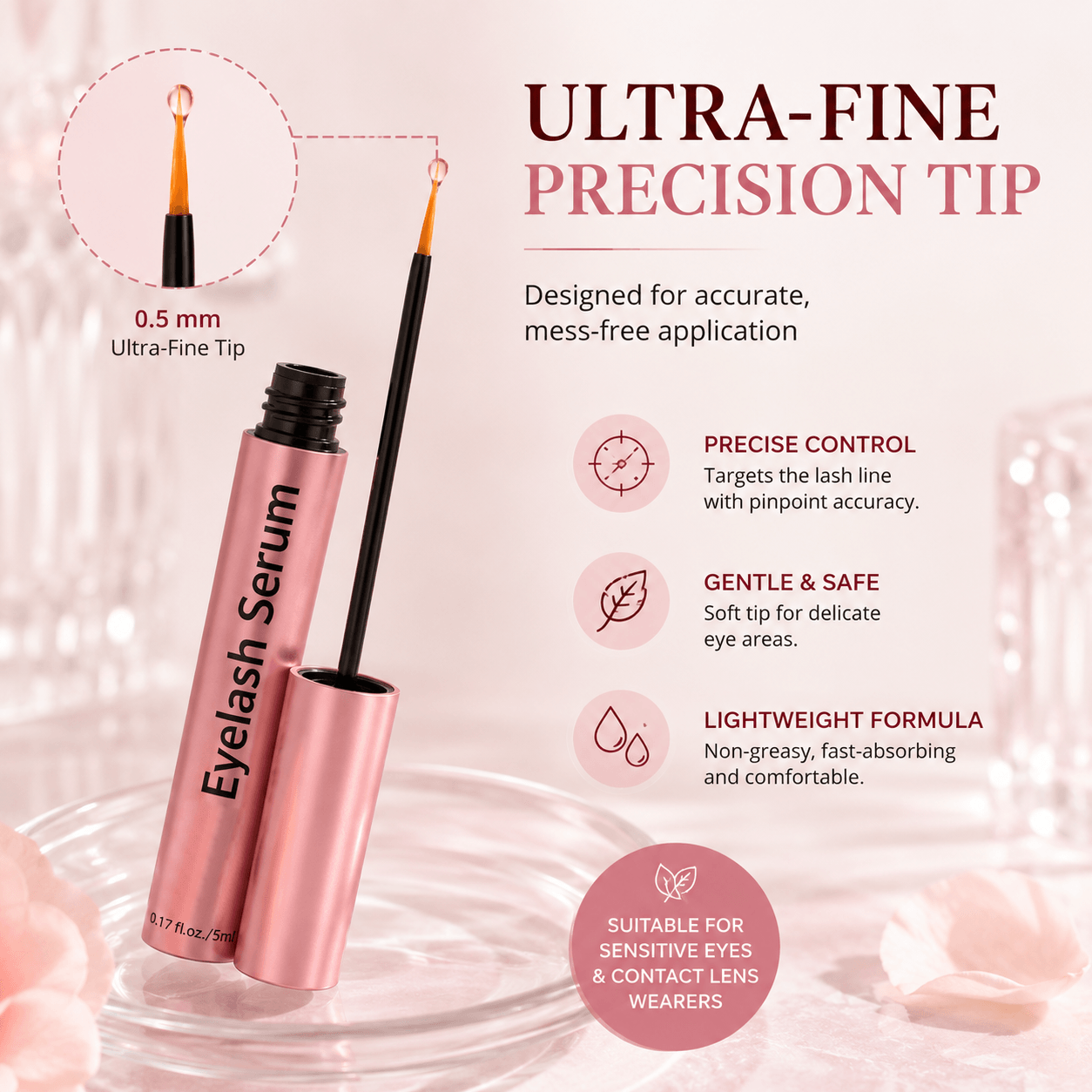 Dyvorocosh® Vegan Lash Growth Serum with Hyaluronic Acid & Multi-Peptide for Sensitive Eyes – Thicker Formula for Longer Fuller-Looking Lashes