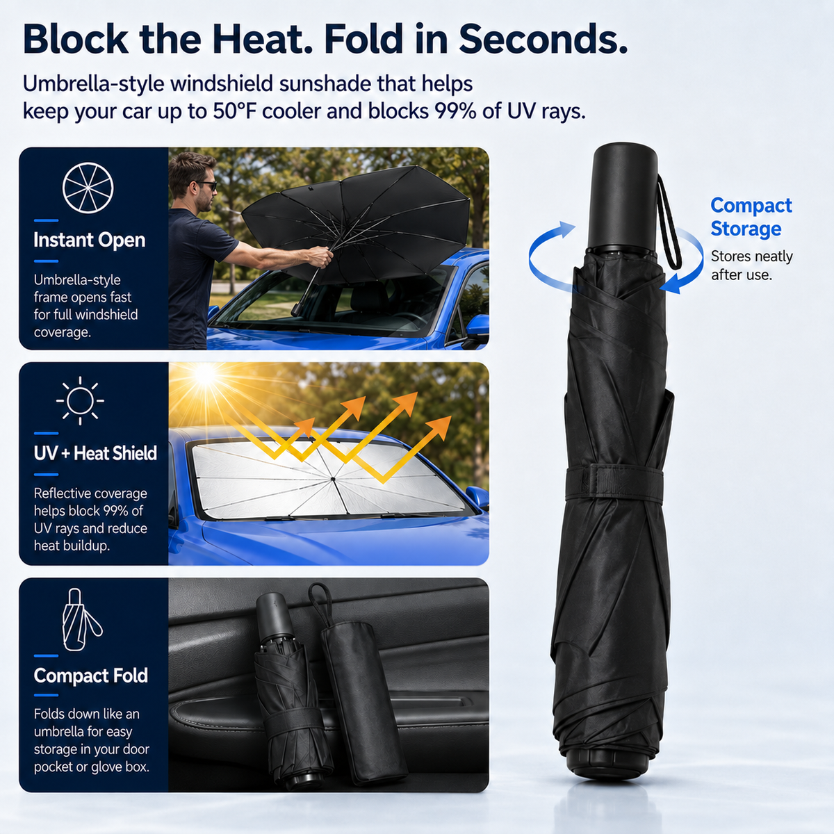 CoolFold Auto Sunshade ❄️Keep Your Car Up to 50°F Cooler in Seconds Blocks 99% of UV Rays