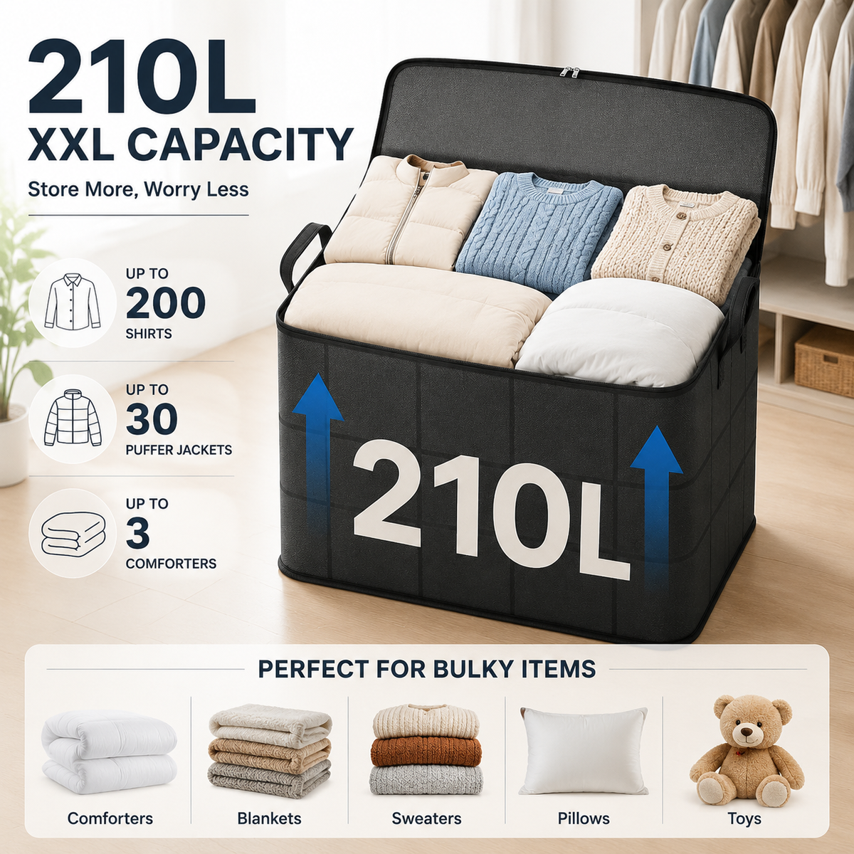 🔥 LAST DAY 50% OFF! 🏠 XXL 210L Storage Bag – Large Capacity Moving & Closet Organizer for Quilts, Bedding & Sweaters